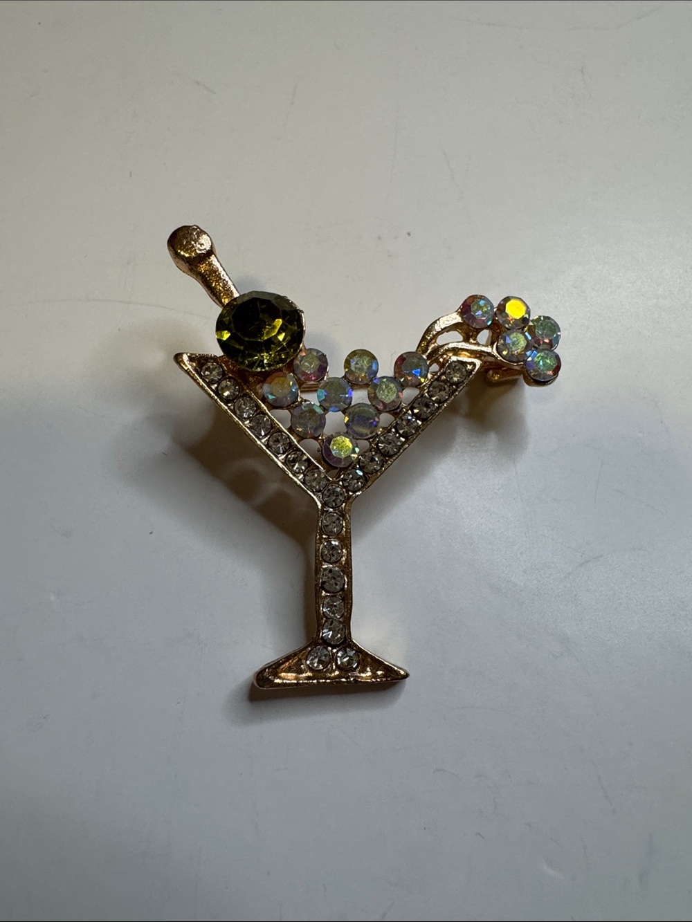Gold-Tone Martini Glass Crystal Brooch with Olive Accent